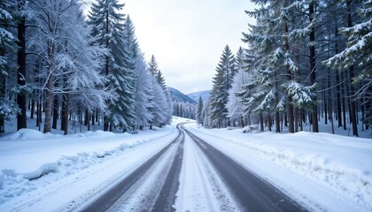 Obraz premium Majestic snow-covered forest road curving through winter wonderland