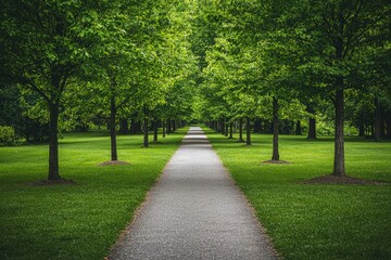 A Gravel Path Through a Row of Trees in a Green Park