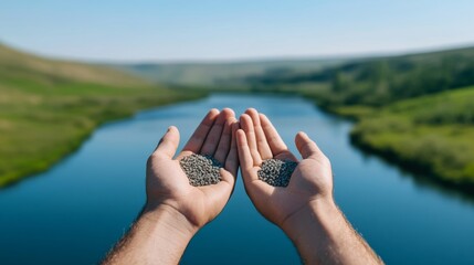 Gentle hands scattering cremated remains over a peaceful river, under a clear sky, symbolizing release and a return to nature 