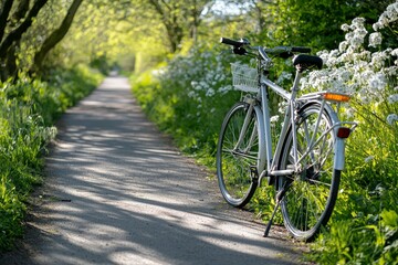 Fototapeta premium A Silver Bicycle Parked on a Path Through a Lush Green Forest