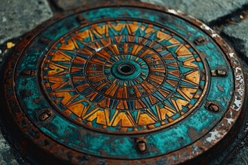 Obraz premium Detailed Close-Up of an Ornate Circular Manhole Cover with Geometric Patterns