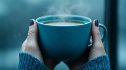 Hands holding a blue cup of hot tea, with steam rising softly in front of a rainy window, capturing the cozy but melancholy vibe of Blue Monday 