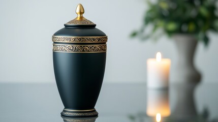 Naklejka premium Isolated black and gold cremation urn with intricate detailing, set on a reflective surface with soft candlelight nearby, symbolizing reverence 