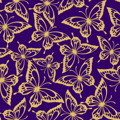 seamless pattern of golden contours of butterflies on a purple background, texture, design