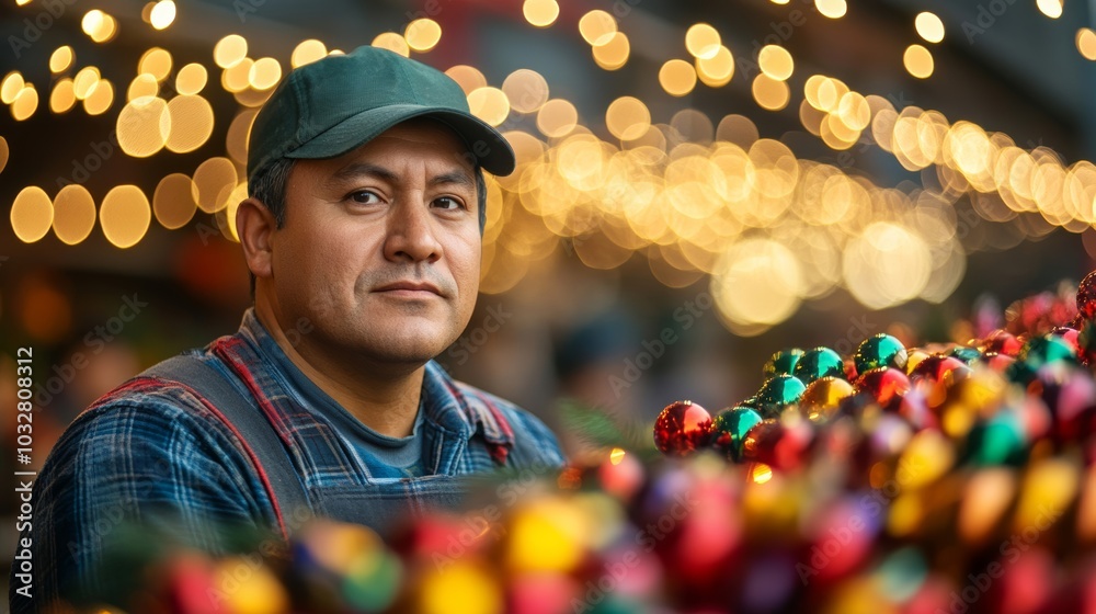 Sticker Meticulous artisan carefully arranges colorful ornaments under twinkling string lights amidst bustling urban backdrop 