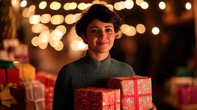 Meticulous artisan wraps handmade gifts in vibrant paper amidst twinkling string lights creating festive anticipation 