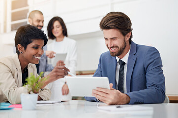 Fototapeta premium Corporate, reading and pointing of tablet, people and conversation for financial report and confident. Discussion, teamwork and paperwork for meeting, talking and project for actuary and boardroom