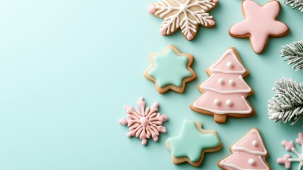 Pastel-colored Christmas cookies shaped like trees, stars, and snowflakes, decorated with light pink, mint green, and lavender icing, set on a festive table 