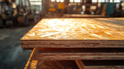 Stack of plywood sheets in a sunlit workshop.