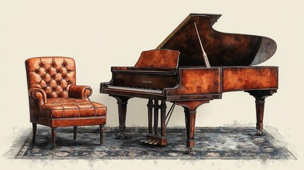 A vintage grand piano beside a tufted leather chair on an ornate rug.