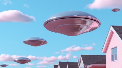 Retro-futuristic spaceship with chrome finish hovering above a 1950s-inspired neighborhood, flying saucers and pastel skies in the background 