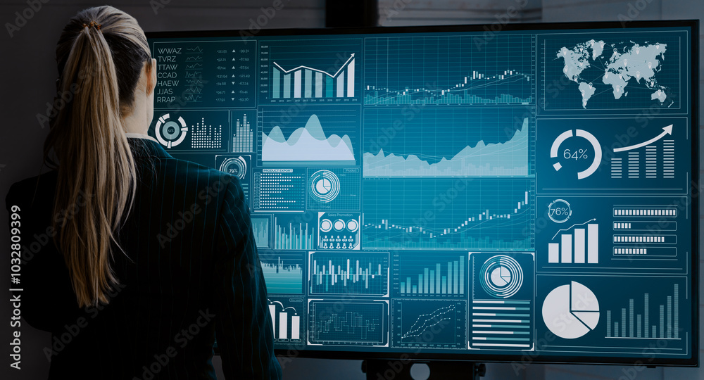 Poster data analysis for business and finance concept. interface showing future computer technology of prof