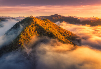 Fototapeta premium Aerial view of mountain peak in low clouds at sunrise in autumn