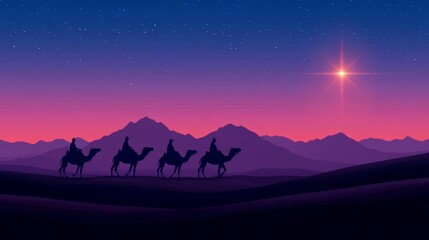 Naklejka premium Three wise men riding camels across a desert at twilight, following a radiant star in the sky, faint silhouettes of mountains on the horizon 