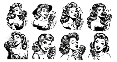 set of retro pinup girls singing into vintage microphones black vector