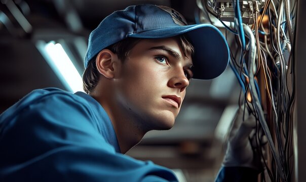 A young electrician, wearing a blue work shirt and a cap, focuses intently on his work, his eyes following the wiring.