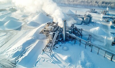 Aerial view of industrial salt production site with machinery and large salt piles