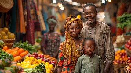 A cheerful African family walking together through a busy and vibrant outdoor market filled with stalls, colors, and lively activity