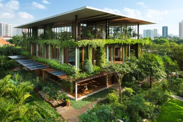 Obraz premium Modern, green-covered home with solar panels and a lush garden.