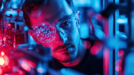 a scientist programming a quantum computer with complex algorithms and quantum bits