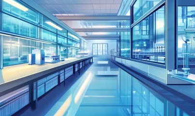 An artistic illustration of a modern research lab building featuring elegant glass architecture
