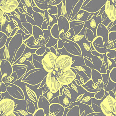 simple seamless pattern of yellow flowers on a gray background, texture, design