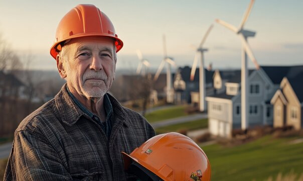 An elderly coal worker reflects on his retirement while holding a helmet near wind turbines and homes, symbolizing a transition to renewable energy