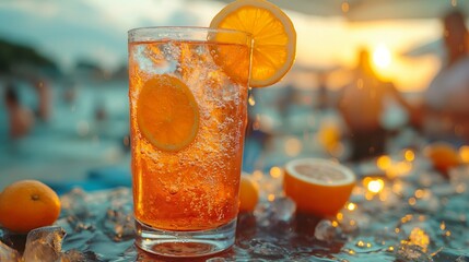 A refreshing orange-flavored drink garnished with slices of fruit served in a tall glass with a vibrant summer festival background