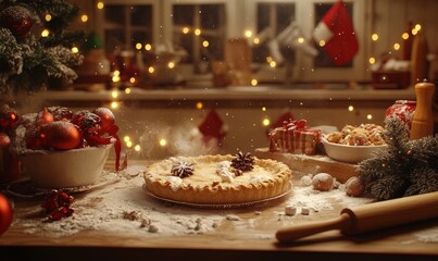 Naklejka premium Baking Christmas pies in a festive kitchen, with rolling pins, flour, and holiday decorations creating a cozy atmosphere.