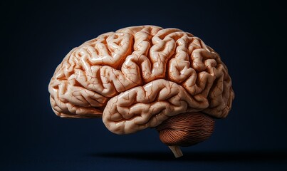 Anatomically correct top-side view of a human brain showcasing intricate folds and structures against a dark background for educational purposes