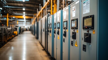 A wide view of a factory with well-organized electrical wiring and clearly marked safety zones.