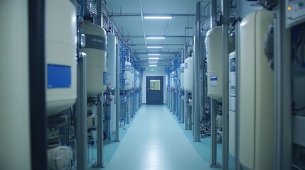 A wide view of a factory with well-organized electrical wiring and clearly marked safety zones.