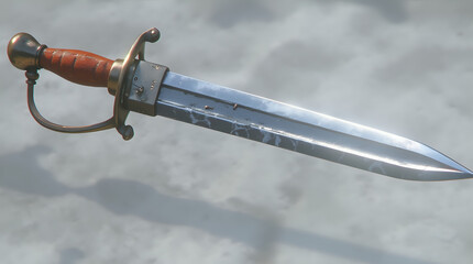 A Roman gladius, the iconic short, double-edged sword used by legionnaires, featuring a straight, sharp blade with a central ridge running down its length.