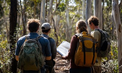Fototapeta na wymiar Activists studying the eucalyptus forest while documenting ecological impacts during a community conservation project in the local area