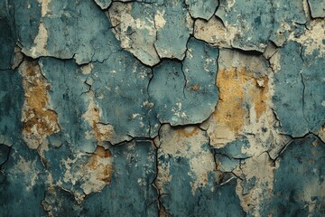 Cracked and Peeling Blue and Beige Paint on a Wall