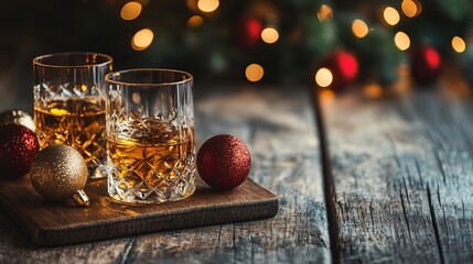 Alcoholic beverage and Christmas ornaments on a wooden table create a festive winter atmosphere.