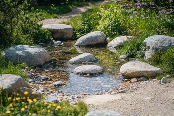 Tranquil Stream Winding Through a Garden of Rocks and Blossoms