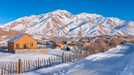 Wooden Cabin in the Snowy Mountains.