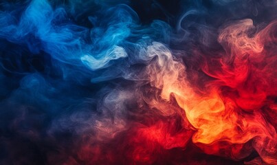 This image shows an intense and dynamic interaction of red and blue abstract smoke with hints of fire, symbolizing energy, contrast, and the interplay