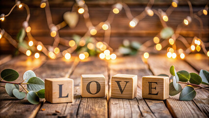 Love in Wooden Blocks with Rustic Background