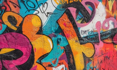 Vibrant colors come alive in this street art mural, expressing the artists creativity through a mix of text and graffiti. Full Frame