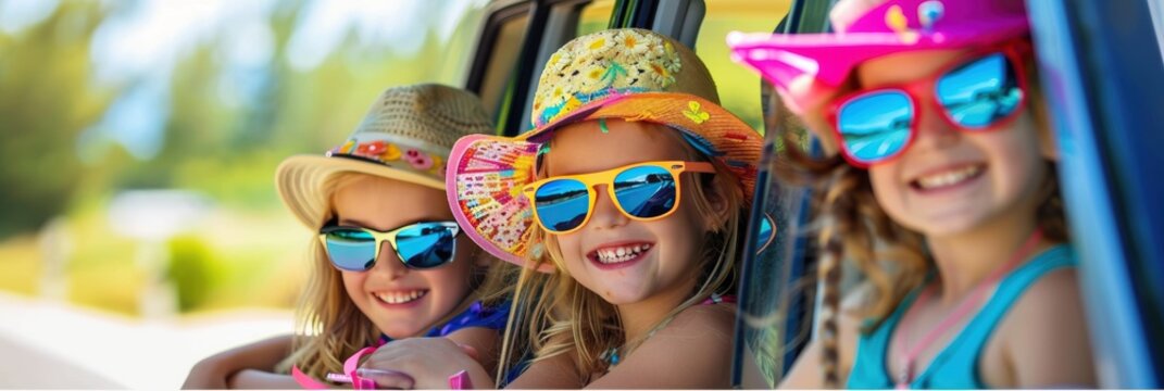 Smiling children in playful summer attire, prepared for a memorable family road trip adventure