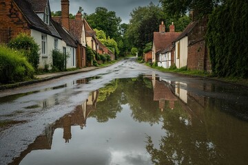 Naklejka premium Reflection of Houses and Trees in a Puddle on a Street