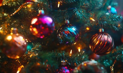 Decorated Christmas tree with 3D ornaments reflecting colorful lights, with tinsel and garlands creating depth and texture against the evergreen branches