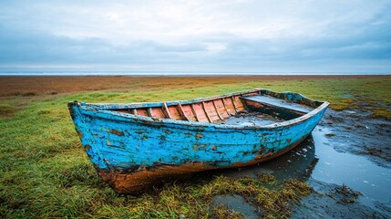 Obraz premium Old Wooden Rowboat on Shore.
