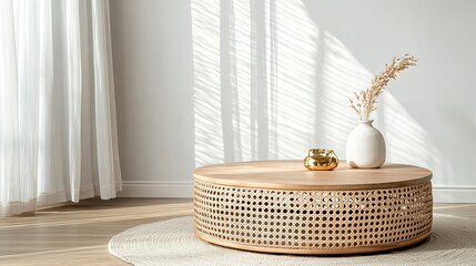 The round wooden coffee table features a rattan-woven base, topped with a ceramic vase and golden accent, surrounded by soft sunlight filtering through sheer curtains