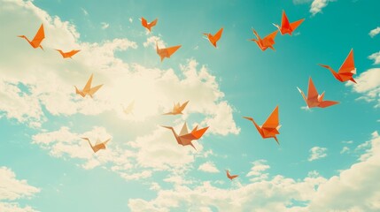 Fototapeta premium Floating origami cranes flying through a bright blue sky filled with clouds. 