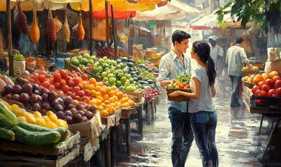 Obraz premium A young couple enjoys a morning visit to the vibrant market, selecting fresh produce and sharing smiles among colorful stalls filled with fruits