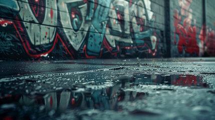 Wet graffiti-covered wall with puddles on urban street, AI Generation