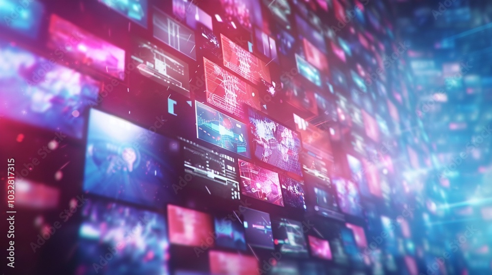 Wall mural futuristic digital mosaic of glowing screens displaying diverse data, creating a mesmerizing tapestr